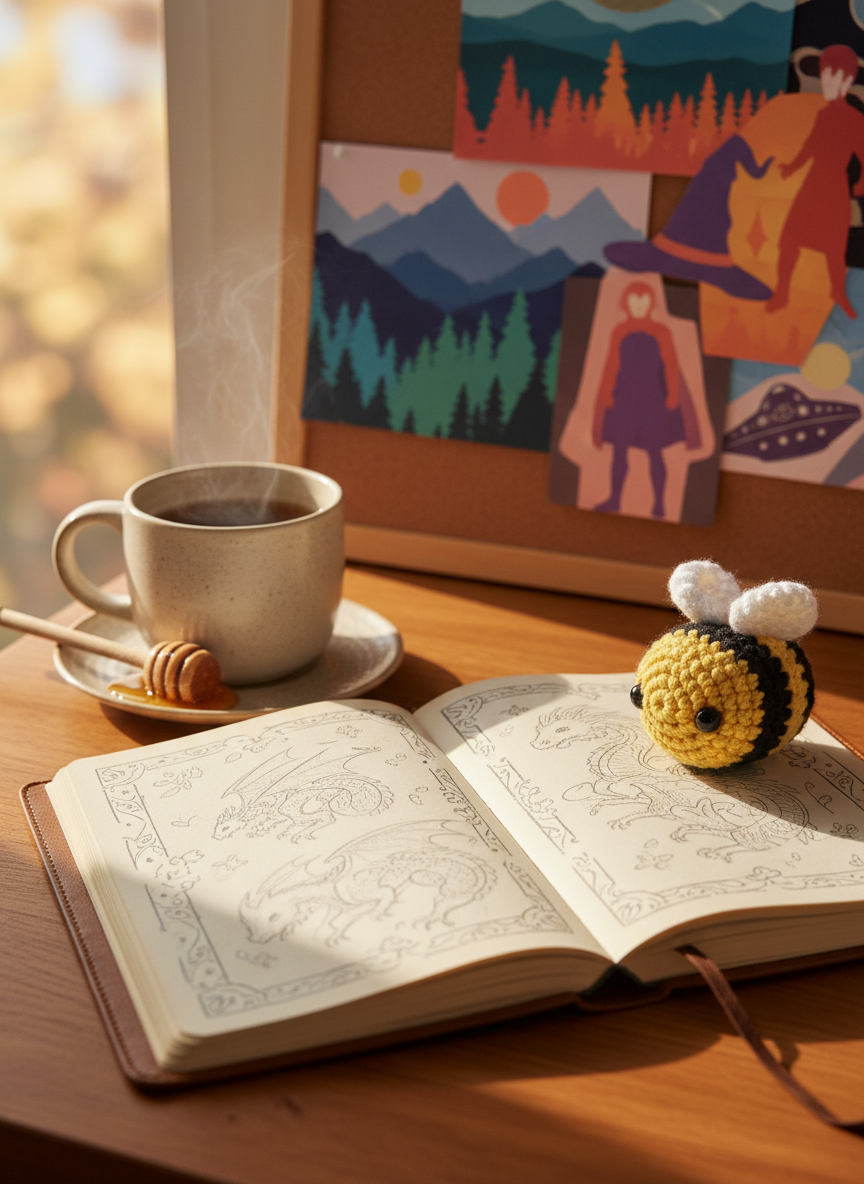 A cozy wooden writing desk covered in a playful spread of creative objects: an open, well-worn notebook with doodled margins, a steaming mug of tea with a honey dipper resting beside it, and a small crocheted bee plush perched near the edge. Behind, a corkboard holds colorful, text-free mood-board clippings of fantasy landscapes and pop culture icons rendered as simple silhouettes. Soft morning sunlight from an unseen window washes across the scene, creating gentle, warm highlights and a shallow depth of field that turns the background into a dreamy bokeh. Photographic realism with a bright, inviting mood, shot from a slightly elevated angle so the desk feels like a welcoming portal into stories and fandoms.