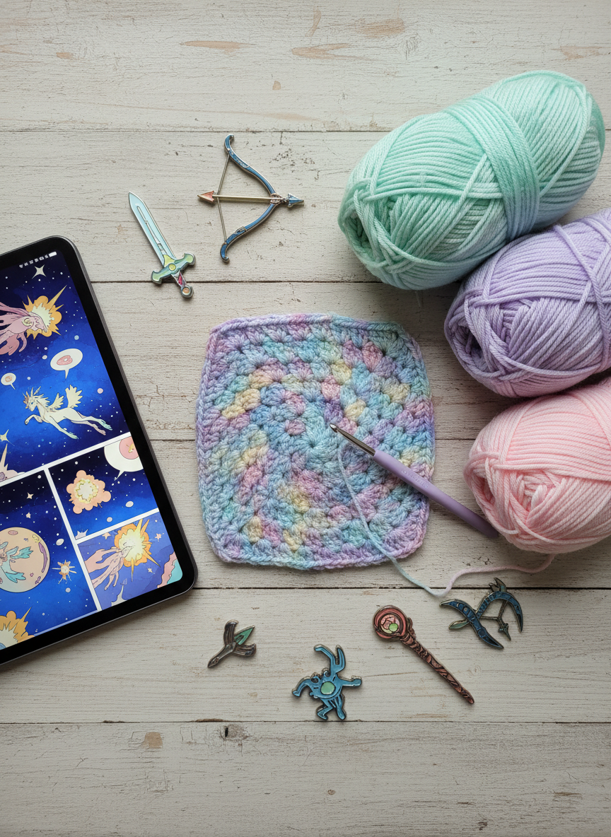 An overhead photographic view of a crafting table mid-creation: skeins of pastel yarn, an in-progress crochet square shaped like a stylized galaxy, scattered enamel-free pins shaped like iconic fantasy artifacts, and a tablet displaying a bright, text-free storyboard of comic-style panels. The tabletop is a light, weathered wood that adds texture without distraction. Diffused overcast light from above eliminates harsh shadows, giving everything a soft, even glow. The mood is energetic and playful, as if ideas are spilling out in every direction. Composition is carefully organized chaos, with objects forming a loose spiral that draws the eye inward toward the central crochet piece as the symbolic “heart” of creativity.