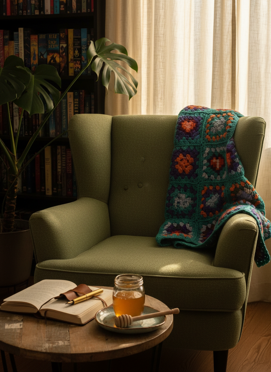A comfortable reading nook captured in photographic realism: a plush armchair draped with a colorful, hand-crocheted throw blanket featuring subtle pixel-like squares that reference classic video game fandoms. In front, a small round table holds an open journal, a fountain pen, and a glass jar of honey with a wooden dipper resting on a ceramic dish. A tall plant with broad leaves leans in from one side, and fantasy-themed book spines fill a blurred background bookshelf. Late afternoon golden light streams through sheer curtains, creating soft highlights on the crochet texture and gentle shadows that feel cozy and intimate. Eye-level composition emphasizes warmth, nostalgia, and the lingering feeling of stories that stay with us.