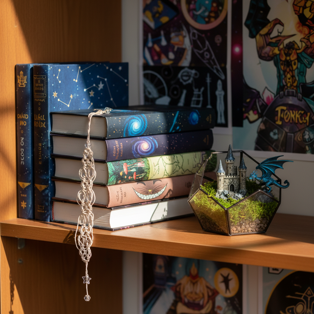 A neat stack of hardback books in mismatched, whimsical dust jackets sits on a honey-colored wooden shelf, topped with a delicately crocheted bookmark that drapes down like a trail of yarn. Beside the stack, a tiny terrarium filled with moss, a miniature castle, and a dragon figurine hints at fantasy worlds. Natural afternoon light filters through nearby leaves, casting dappled patterns across the covers and shelf. The composition follows the rule of thirds, with a shallow depth of field blurring a background of soft, colorful posters inspired by beloved fandoms. The photographic style is crisp yet warm, conveying a playful, imaginative atmosphere perfect for a creative blog header.